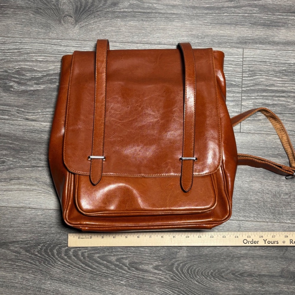 Iswee Cognac Brown Leather Laptop Backpack Unisex Flapover Satchel Bag 14 Inch - Picture 5 of 16